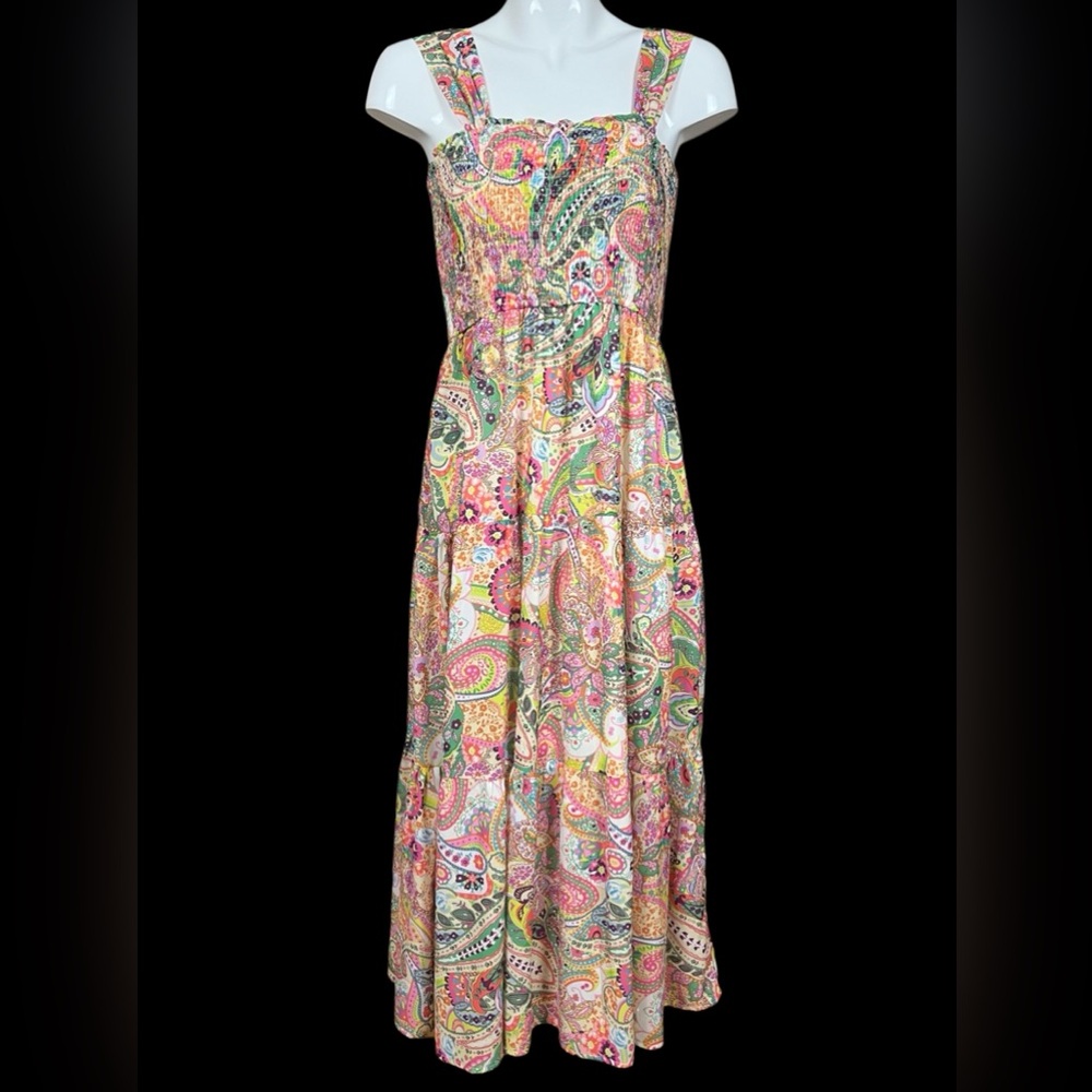 Umgee Bohemian Paisley Smocked Bodice Sleeveless Tiered Dress Large NWT